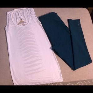 White top and green leggings